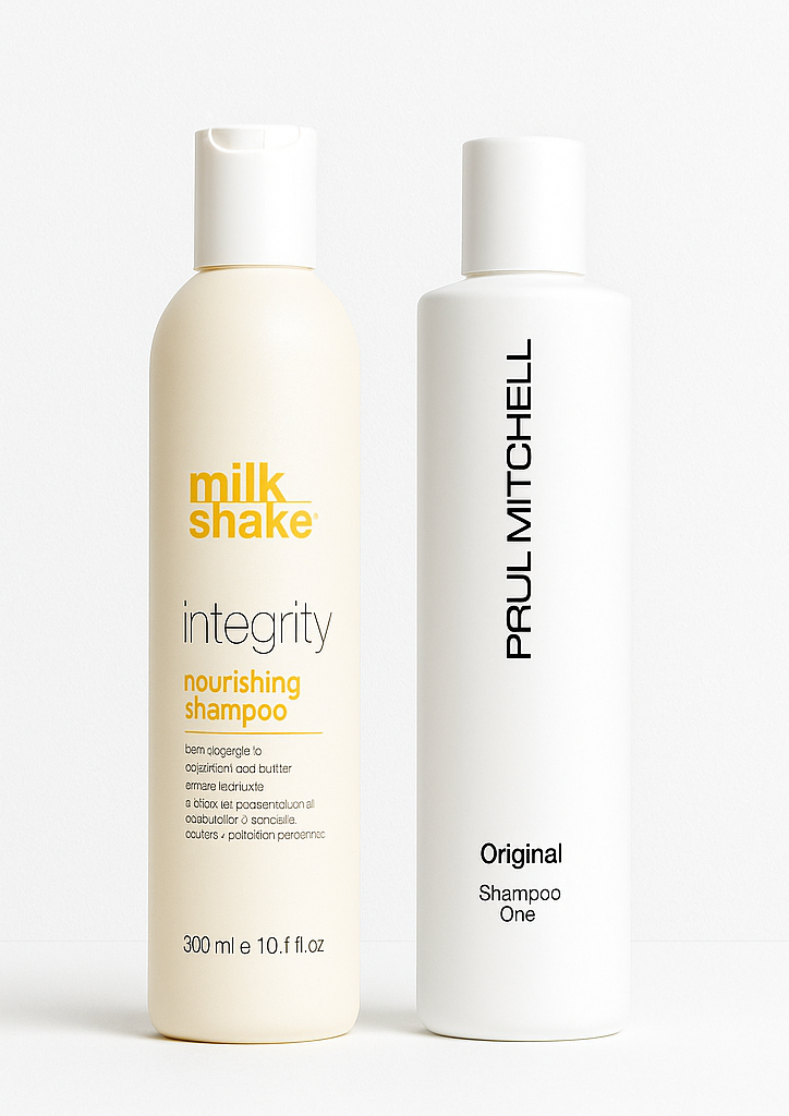 Two shampoo bottles, one labeled 'milk shake' and the other 'Paul Mitchell', on a white background.